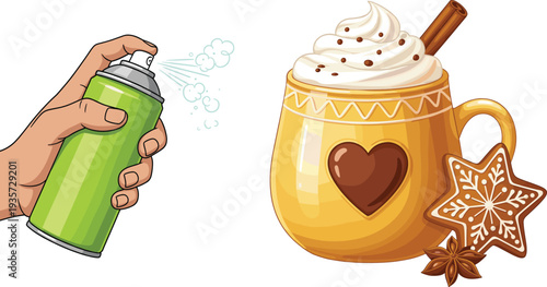 Hand Holding Green Aerosol Spray Can with Winter Hot Chocolate Mug Featuring Whipped Cream, Cinnamon Stick, and Gingerbread Star Cookie Vector Illustration