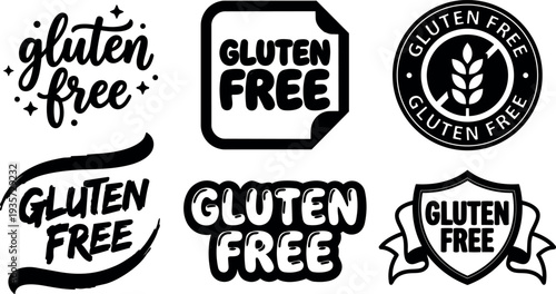 Flat badge vector set of six gluten free labels with hand lettered script stamp and shield emblems for packaging design