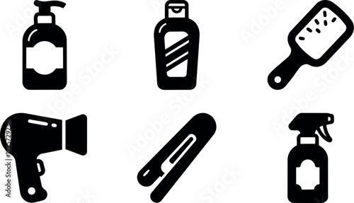 Flat design close up beauty tool icons set with hair dryer hair brush shampoo straightener pump bottle black silhouettes spray cleanser