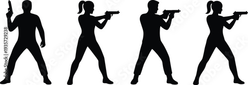 Male and Female Secret Agent Silhouettes with Pistols in Tactical Shooting Poses Isolated Collection for Security, Spy, Action, Law Enforcement and Combat Design