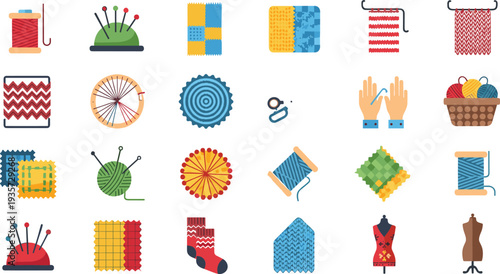 Sewing Knitting and Textile Craft Flat Icon Set Featuring Yarn Needles Fabric Patterns Socks Mannequin and Handmade Tailoring Elements.