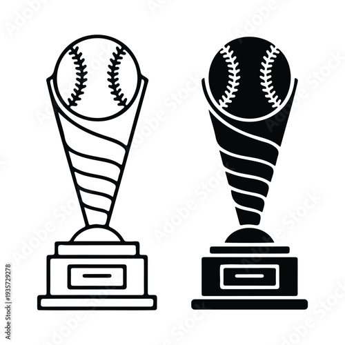 Two black and white trophy icons featuring baseballs in a cup shape
