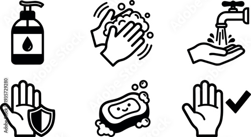 Line art hand washing icon set six icons soap pump lather faucet sponge protective hand with checkmark clean hygiene vector