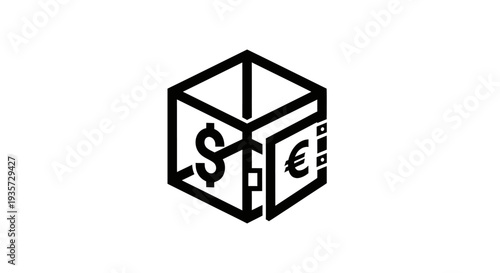 Global currency exchange icon: dollar and euro symbols in a geometric cube