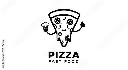 Happy cartoon pizza slice character with chef hat logo design