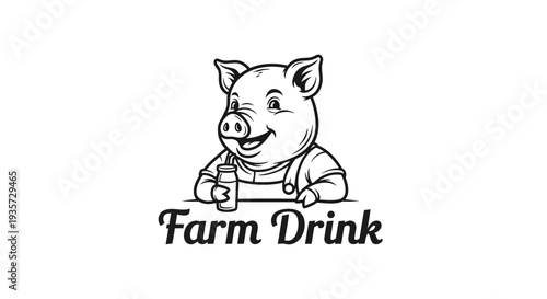 Happy Cartoon Pig Mascot Holding Farm Drink Bottle Logo Illustration