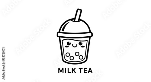 Kawaii Bubble Tea Illustration with Cute Smiling Face and Tapioca Pearls