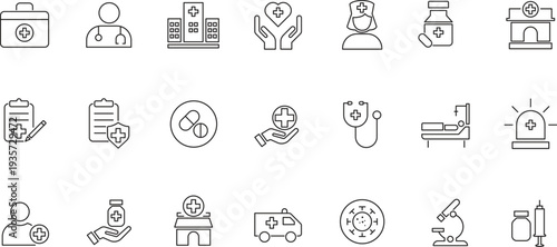 Medical and Healthcare Line Icon Set – Hospital, Doctor, Pharmacy and Emergency Symbols Collection