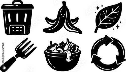 Hand drawn composting icons set with banana peel salad bowl leaf bin fork and recycling arrows in bold silhouette style