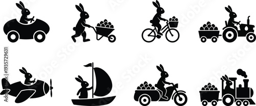 Playful rabbit characters engaging in various transportation activities with Easter eggs