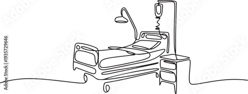 Continuous one line drawing of hospital patient bed. One line drawing illustration of hospital room interior. Empty hospital room concept.one line vector illustration with white background