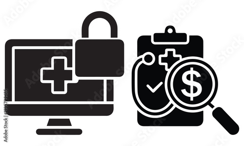 Secure medical computer system and clipboard analysis with magnifying glass and dollar sign for cost.