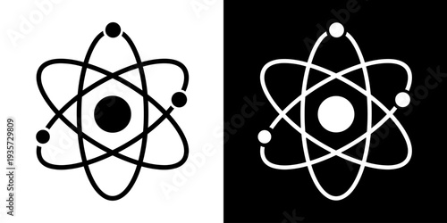 Atom icon concept in flat black and white style on clean background vector illustration design