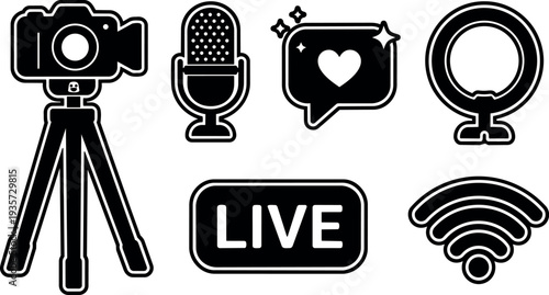 Sticker style flat streaming equipment icons set camera on tripod microphone ring light live badge wifi speech bubble heart outline