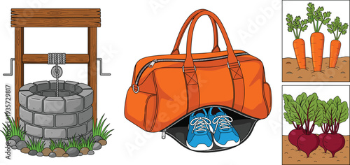 Hand Drawn Vector Illustration Set Including Traditional Stone Water Well, Orange Gym Sports Bag with Sneakers, and Organic Root Vegetables in Soil