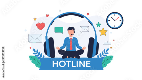 Customer service hotline operator practicing meditation while wearing large headphones to maintain a calm and focused attitude at work.