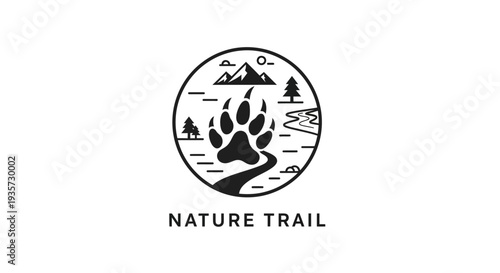 Nature Trail Logo with Animal Paw Print, Mountains, Trees, and Winding Path