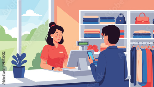 Friendly shop assistant helping a customer make a secure contactless mobile payment at a checkout counter in a modern clothing store.