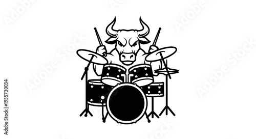 Powerful Bull Drummer Mascot with Drum Set - Black and White Music Illustration