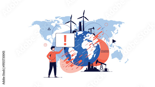 Man holding a warning sign in front of a global map and a world globe to raise awareness about international crises and environmental issues.