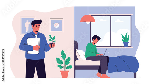 Comparison of a man working in a traditional office and another person working remotely from home on a laptop in a comfortable bedroom.