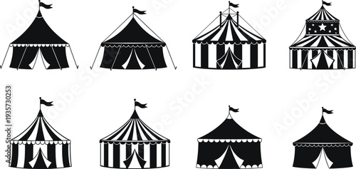 Circus tent silhouettes, striped fabric, flags, scalloped edges, star decorations, vintage carnival, entertainment design, festive event, amusement art, illustration
