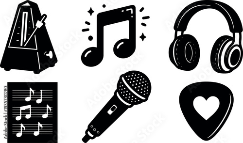 Flat design six music silhouette icons metronome microphone headphones sheet music musical note heart guitar pick close up vector collection
