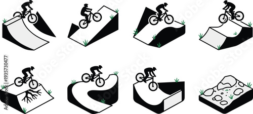 Mountain Bike Rider Silhouettes Performing Jumps and Obstacles on Trail Ramps Set, Extreme Cycling Stunts and Downhill Adventure Icons for Outdoor Sports Design