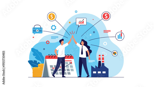 Two coworkers celebrating a successful project completion with a high five in front of icons for time management and industrial growth.