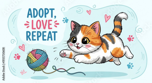 Cute calico cat playing with colorful yarn ball surrounded by hearts and paw prints promoting adoption and love