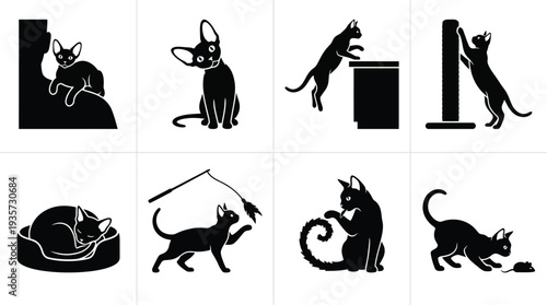 Collection of playful black cat silhouettes engaging in various activities