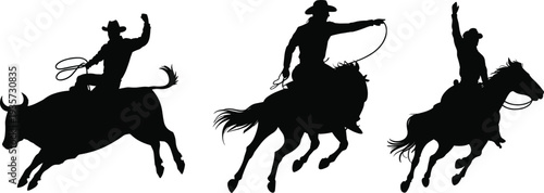 Cowboy rodeo rider silhouettes with horse and bull riding action, western cowboy sport vector set isolated on light background for wild west design
