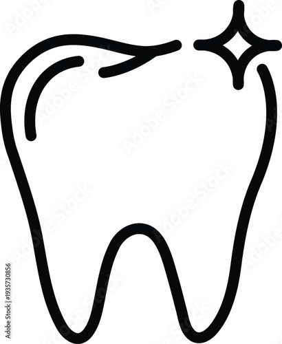 A simple line drawing of a shining tooth with a sparkle