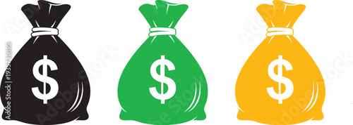 Three colored money bags with dollar signs black green yellow