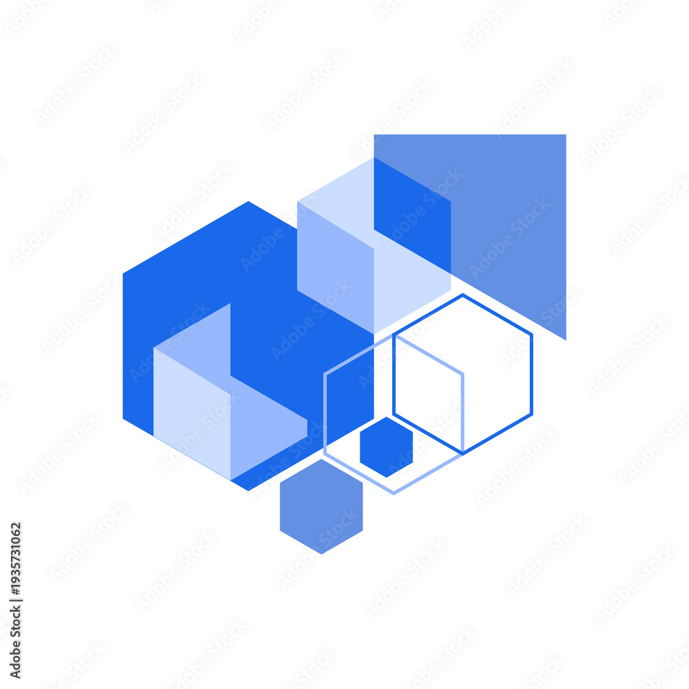 Obraz premium Overlapping geometric shapes in varying shades of blue create an abstract composition on a white background.