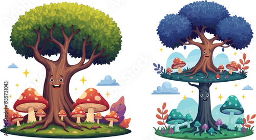 Fantasy cartoon forest trees with colorful mushrooms and smiling faces illustration vector design isolated on white background for magical decoration.