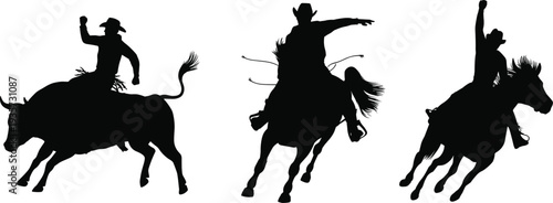 Cowboy rodeo silhouettes set with horse and bull riding action, western rodeo riders isolated vector illustration for sport, cowboy culture and wild west design
