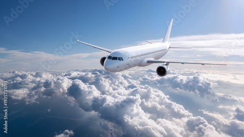 Commercial airplane flying above clouds in bright blue sky  