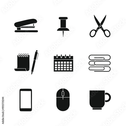 Black and white of office supplies and devices on a white background stapler