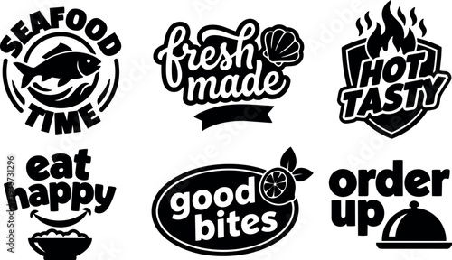 Flat badge vector set six food labels seafood fresh made hot tasty good bites eat happy order up black white