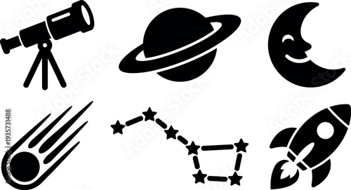 Flat vector icon set showing telescope planet with rings smiling moon comet streak constellation of stars and rocket launching upward