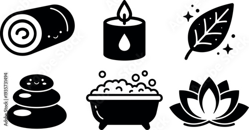 Minimalist spa icon set towel candle leaf stones bubble bath lotus vector clean wellness symbols for social media print