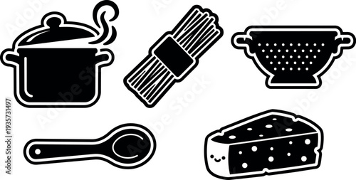 Sticker style flat cooking icons set with smiling cheese spoon spaghetti colander and pot close up bold outline minimal