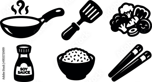 Flat vector black kitchen icons frying pan spatula vegetables soy sauce bottle bowl of rice and chopsticks on white minimal