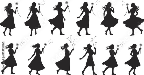 Girl silhouette collection, blowing dandelion seeds, whimsical pose, childhood innocence, nature illustration, artistic design, outdoor fantasy, delicate moment, dreamy atmosphere, wishes