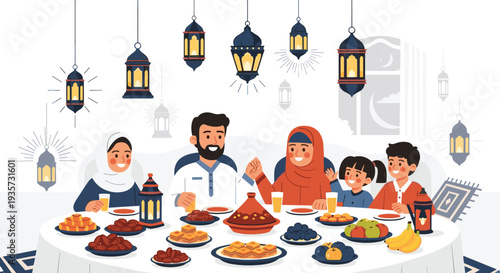 Ramadan Kareem Night Illustration with Mosque, Lanterns, Crescent Moon and Iftar Dates
