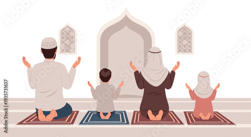 Ramadan Kareem Night Illustration with Mosque, Lanterns, Crescent Moon and Iftar Dates