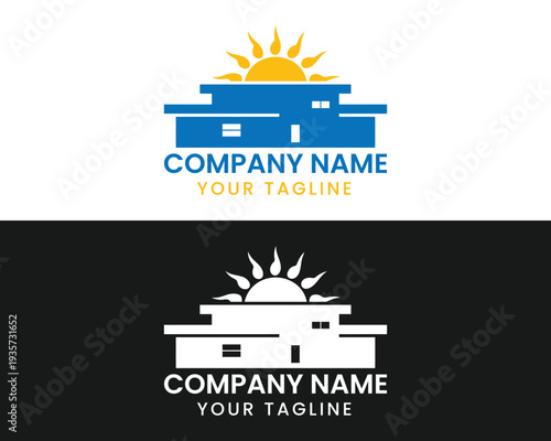 A modern logo design features a stylized sun above a building accompanied by company branding text high quality