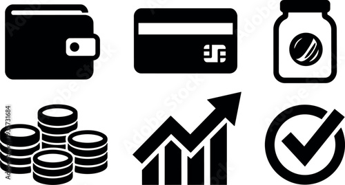 Flat design close up finance icons wallet credit card coin stacks savings jar rising chart and checkmark black silhouette set