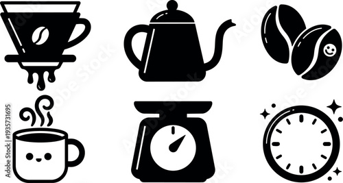 Minimalist coffee icon set drip kettle beans smiling mug scale timer top view flat vector art black simple bold clean